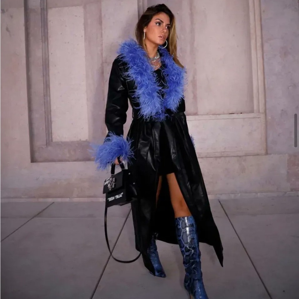 House Of CB Black Vegan Leather Belted Blue Feather Trim Maxi Coat Jacket Medium